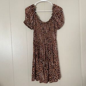Express Leopard Print Dress Small Smocked Puff Sleeve Fit & Flare Brown Animal P